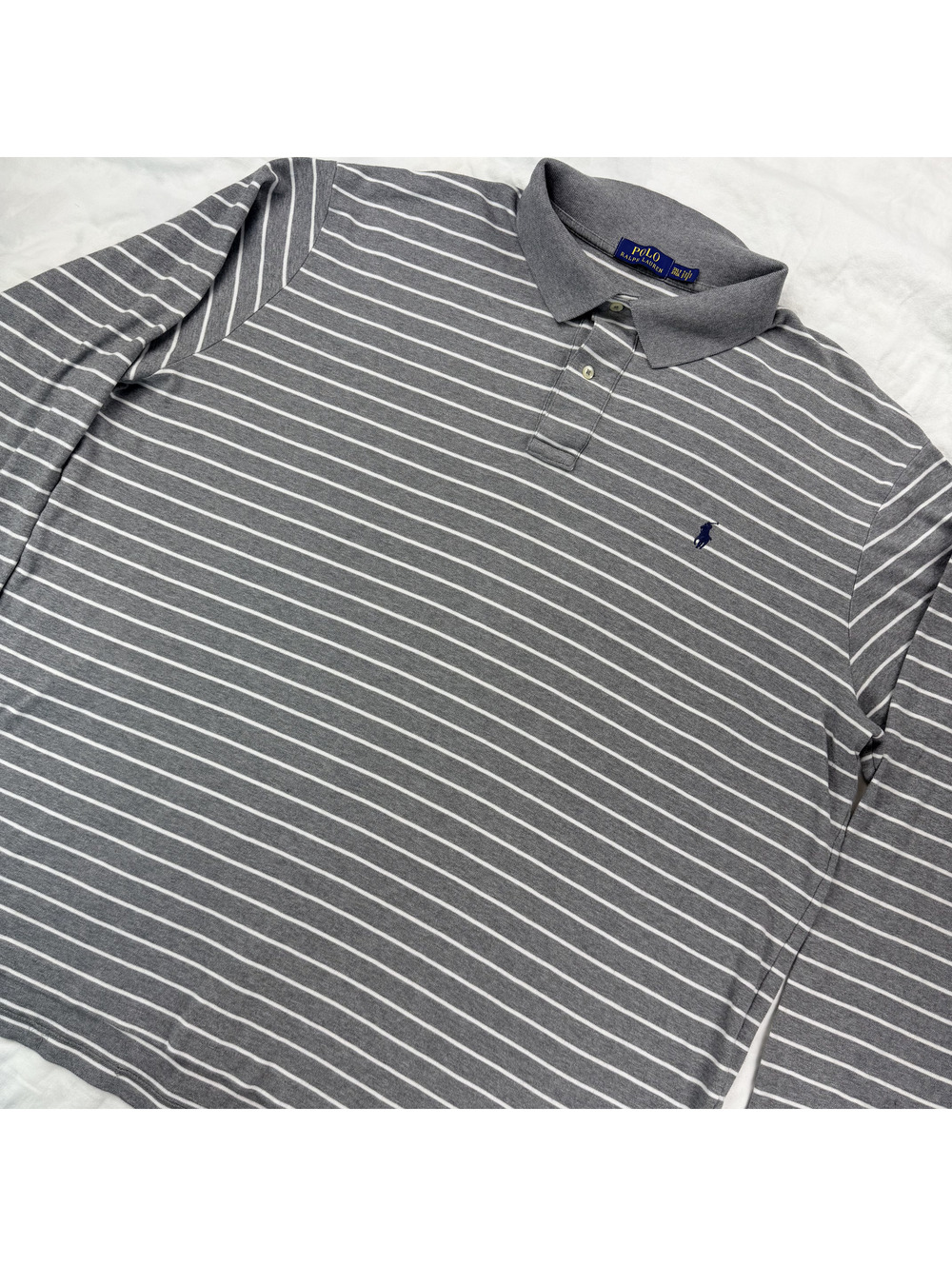 Polo Ralph Lauren Mens 3XLT Tall Gray White Stripe Long Sleeve Polo Shirt Pony